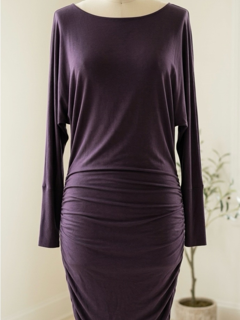 Full Circle Trends| Plum-Grey Long Sleeve Boatneck Side Ruched TKnit Dress Sz XS